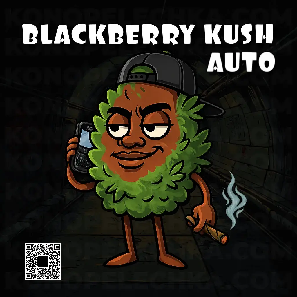 Маскот сорту Blackberry Kush Auto у вигляді шишки в кепці з телефоном та косяком на тлі темного цегляного тунелю