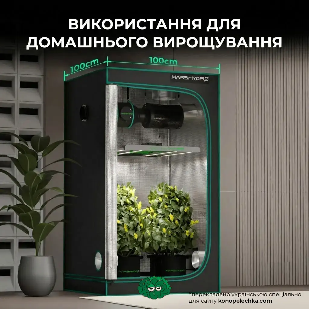 Використання фітолампи Mars Hydro FC-E3000 в гроубоксі розміром 100 на 100 см для домашнього вирощування рослин.