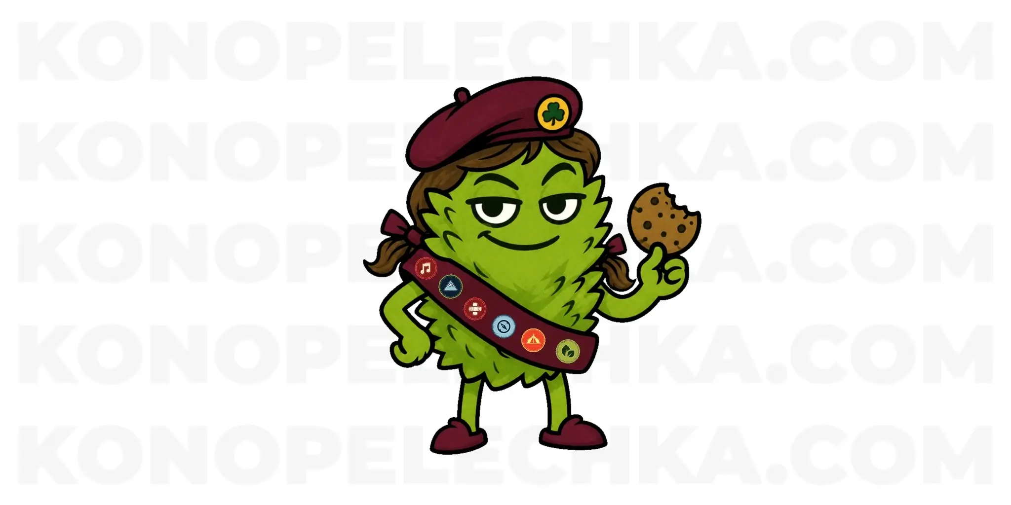 Фірмовий персонаж сорту Girl Scout Cookies Auto у вигляді скаута з печивом на прозорому тлі.