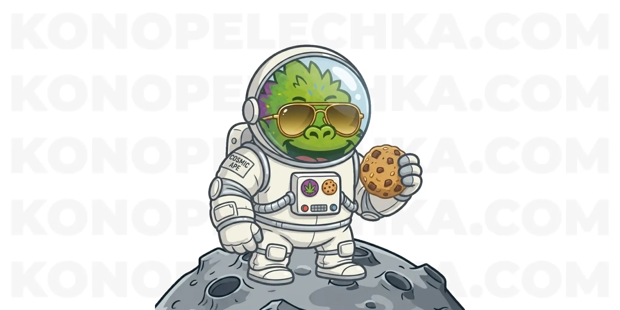 Фірмовий персонаж конопелечки у скафандрі та з печивом для сорту Space Cookies Auto на прозорому тлі.