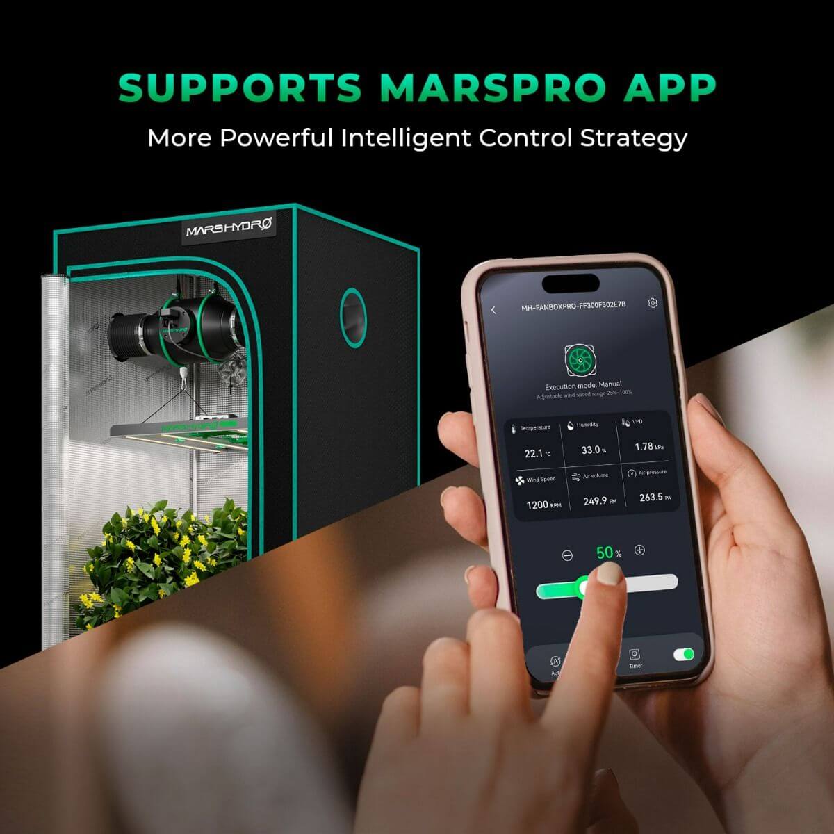 Керування канальним вентилятором Mars Hydro через мобільний додаток MarsPro для інтелектуального налаштування мікроклімату