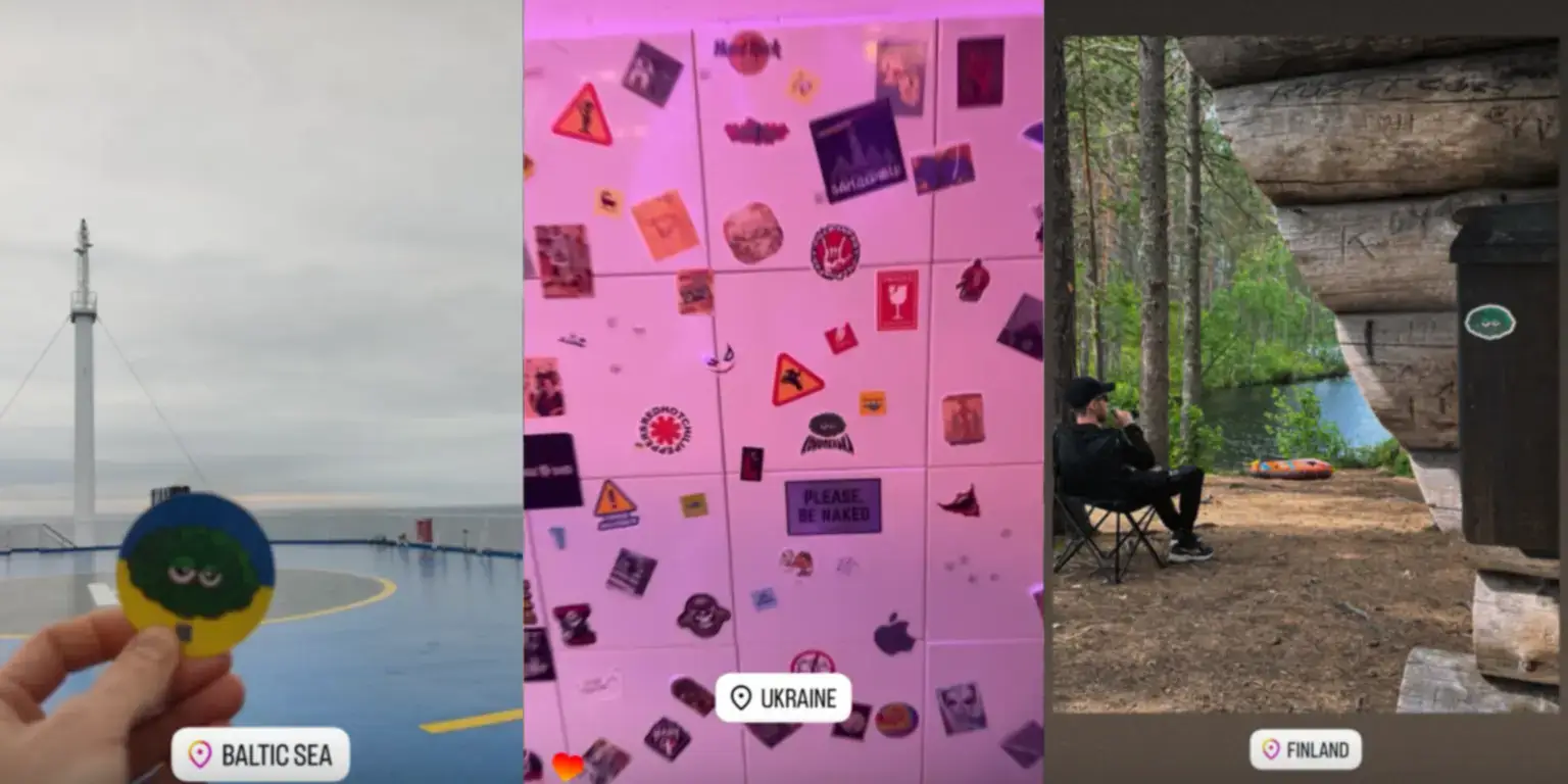 Стікери Конопелечка на поромі у Балтійському морі, в Україні та на природі у Фінляндії