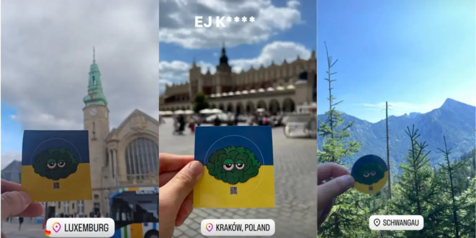 Стікери Конопелечка на тлі архітектури Люксембурга, Кракова та гір у Швангау