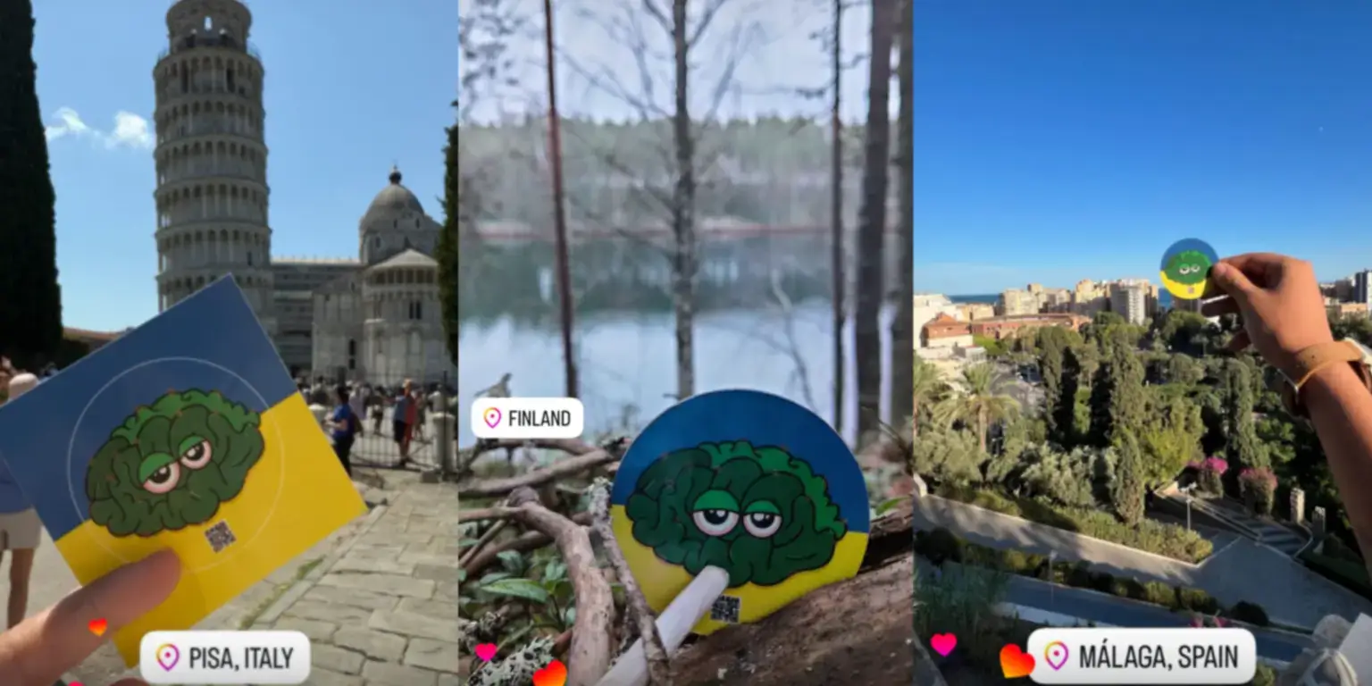 Фірмова наклейка Конопелечка біля Пізанської вежі, у Фінляндії та в Малазі